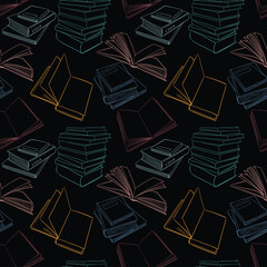 Seamless pattern with open and closed books, stacks of books. Vector outline background drawn in doodle style. For back to school theme, library, wrapping paper, wallpaper, banners.