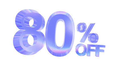 3d glass 80 percent off text with aberration effect isolated on a transparent background. Blue tone. 3d elements for graphic design.