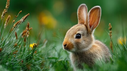 Adorable fluffy bunny rabbit in a field of green grass and wildflowers