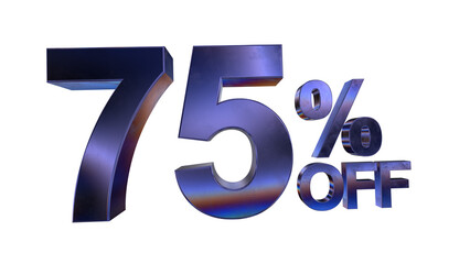 3d 75 percent off text with dark blue metal and rainbow effects isolated on a transparent background. 3d elements for graphic design.