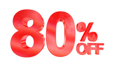 3d 80 percent off text with dark red metal and rainbow effects isolated on a transparent background. 3d elements for graphic design.
