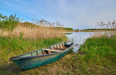 Weathered Green Rowboat Beached on Grass
