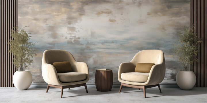 Calm panoramic office space with two armchairs facing each other and soothing wall decor, no people, designed for therapy sessions. - Powered by Adobe