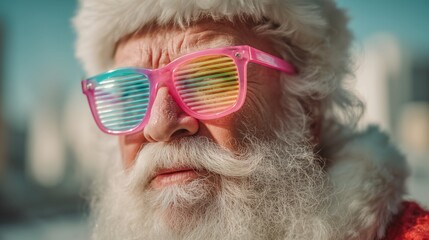 Funky Santa wearing neon sunglasses on blurred white background, disco Christmas vibe, holiday party concept, trending festive style