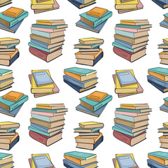 Seamless pattern with closed books and stacks of books. Vector outline background drawn in doodle style. For back to school theme, library, wrapping paper, wallpaper, banners.
