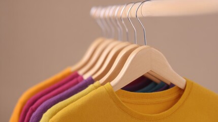 Neatly arranged colorful t-shirts on wooden hangers with metal hooks, showcasing bright yellow, green, purple, and orange hues against a soft neutral background.