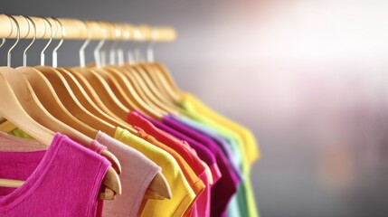 Vibrant row of wooden hangers on a horizontal rod displaying colorful garments in pink, yellow, orange, red, purple, and green against a soft blurred background.