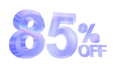 3d glass 85 percent off text with aberration effect isolated on a transparent background. Blue tone. 3d elements for graphic design.
