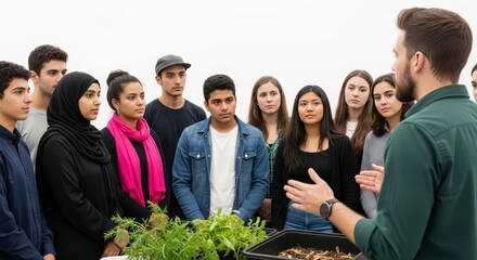 Diverse group of agricultural students learning about sustainable practices in a collaborative environment