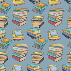 Seamless pattern with closed books and stacks of books. Vector outline background drawn in doodle style. For back to school theme, library, wrapping paper, wallpaper, banners.