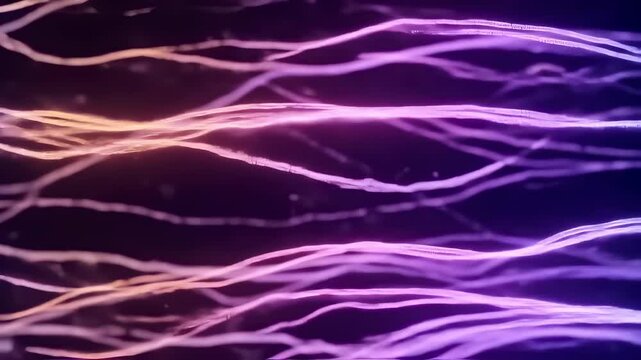 An abstract background features vibrant, flowing lines of purple and orange light. These energetic, fibrous strands represent data transfer, a neural network, or a futuristic blockchain concept.