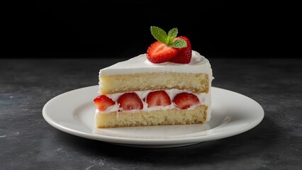 Strawberry Cream Cake Slice PNG &ndash; Dessert with Mint on White Plate and Dark Background