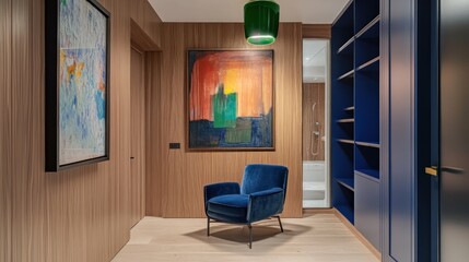 Modern hallway with colorful art and blue accent