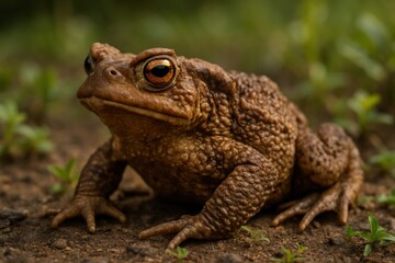 Obraz premium Brown toad on soil surface.