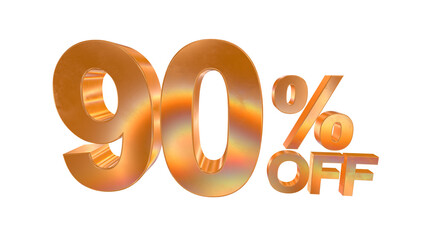 3d 90 percent off text with golden and rainbow effects isolated on a transparent background. 3d elements for graphic design.