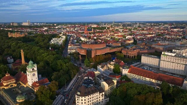 Aerial view of the Gasteig in Munich, Germany, a major cultural and event center located near the Isar River, known for concerts, performances, and its striking modern architecture. 