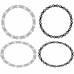 Set of round frames made of bike or bicycle chain links in outline and solid styles, vector design elements for cycling logos,text, design,mechanic labels, or sports themed graphics.