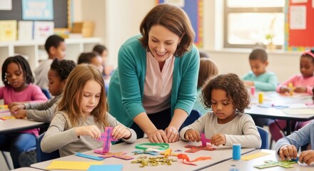 Caucasian female teacher engaging diverse children in classroom craft activities