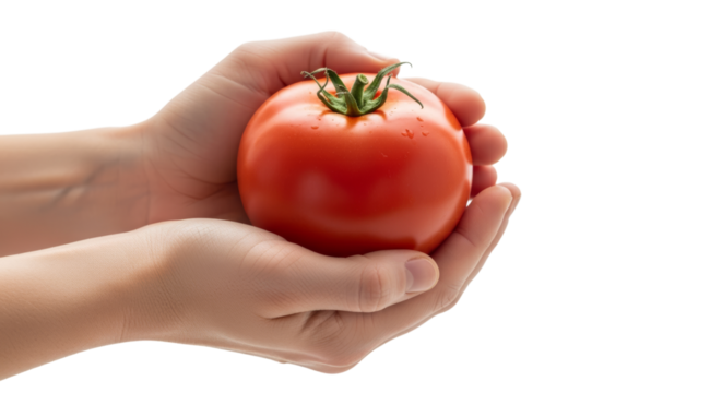 Hands gently holding a ripe tomato, emphasizing fresh produce on a white background - Powered by Adobe