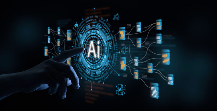 AI interface with data processing digital node system technology network automation intelligence innovation future computing connection smart integration and information structure