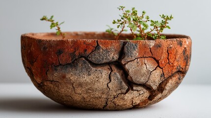 Cracked terracotta pot on white backdrop, broken plant holder, minimalist clay damage