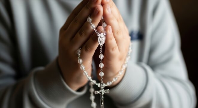 Child holding rosary beads in prayer with focus on cross and medal