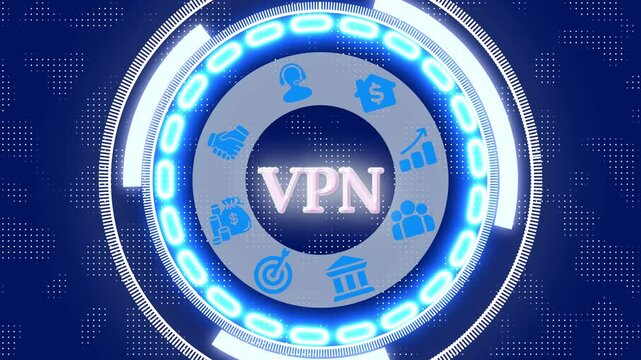 a vpn security button on a futuristic blue digital interface, holographic hud circle with glowing elements, modern virtual private network technology and cyber protection concep.