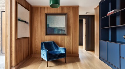 Modern hallway with wooden paneling and blue accent chair