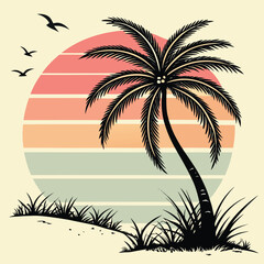 Sunset Palm Tree Silhouette Retro Tropical Paradise Illustration