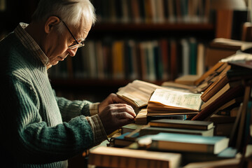 Man with Parkinsons organizes books in a small library filled with warm light