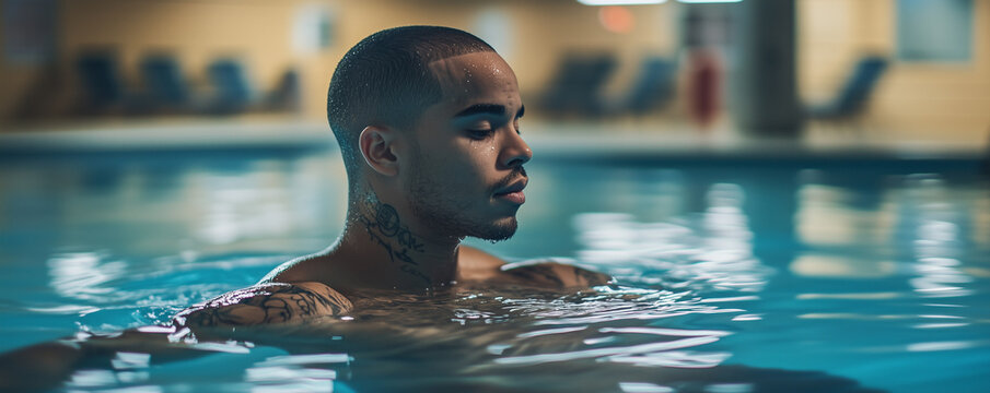 Man with vitiligo swims laps in indoor pool during evening workout session