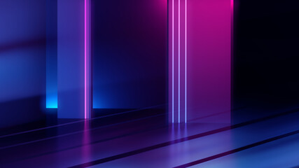 Abstract background. Neon glow, neon light lines. Empty room in ultraviolet glow