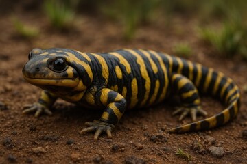 Obraz premium Striped salamander on soil