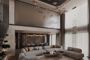 Modern living and dining area with panoramic windows and cozy seating