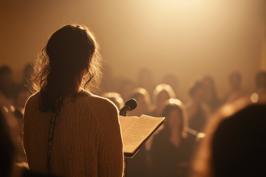 Woman with scoliosis reading poetry aloud to an engaged audience in a warm, softly lit venue