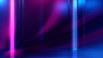 Abstract background. Neon glow, neon light lines. Empty room in ultraviolet glow