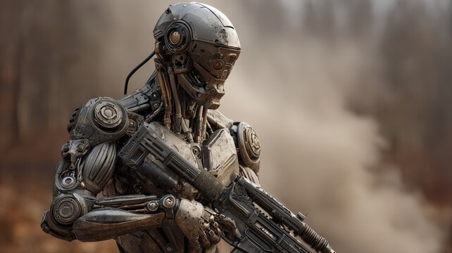 AI generated war scene, a single, highly detailed robot soldier, intricate design, hyper-realistic, cinematic advanced robotics.