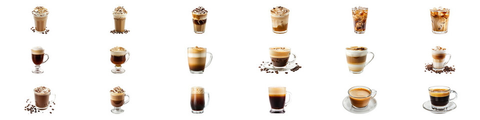 Coffee drinks collection on transparent background