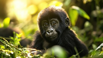 Obraz premium A baby gorilla peers from green foliage, bathed in soft, diffused golden sunlight