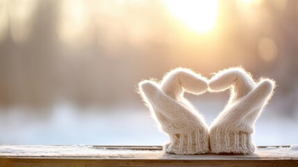 Cream-colored knitted mittens shaped into a heart on a snowy wooden surface, softly lit by warm golden sunrise or sunset glow, highlighting cozy winter warmth and affection.