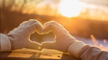 Two gloved hands forming a heart shape against a warm golden sunset, softly diffused sunlight casting a gentle glow, resting on a wooden surface with a serene and romantic atmosphere.