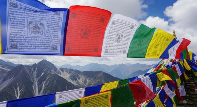 Colorful tibetan prayer flags with mountain view in the himalayas