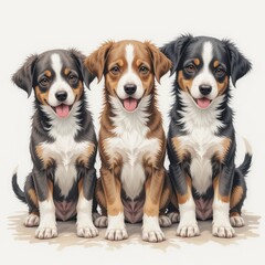 Three Happy Dogs Sitting Together, Showcasing Their Playful Personalities and Unique Markings