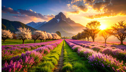Majestic Sunset over Lavender Fields and Mountains A Breathtaking Landscape Photograph