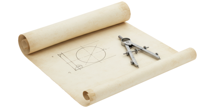 Isolated Rolled Parchment Blueprint Compass Drafting Tools