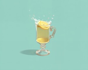 Lemon Tea in Glass Mug with Splash on Mint Green Background