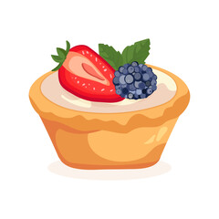 Vector illustration of a berry tartlet with cream, strawberries, raspberries, blueberries, and blackberries on a white background. Perfect for Chocolate Day, kids menu, bakery ads, decor, and seasonal