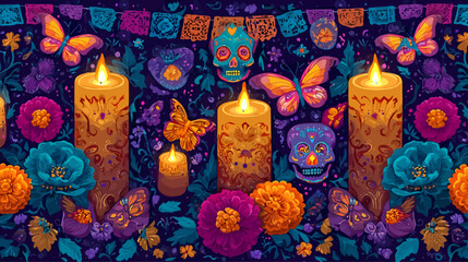 Vibrant Day of the Dead altar with sugar skulls, marigolds, candles and butterflies on dark background - perfect Halloween and Dia de los Muertos design