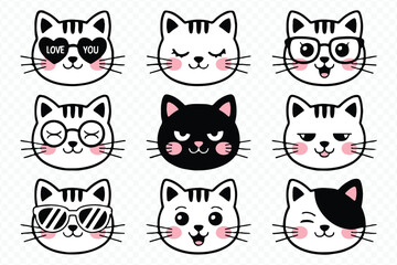 Cute Kawaii Cat Face Sticker Pack with Sunglasses, Glasses and Eyepatch Vector