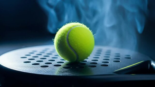 Artistic padel tennis and paddle tennis ball with smoke effect on racket in dark studio